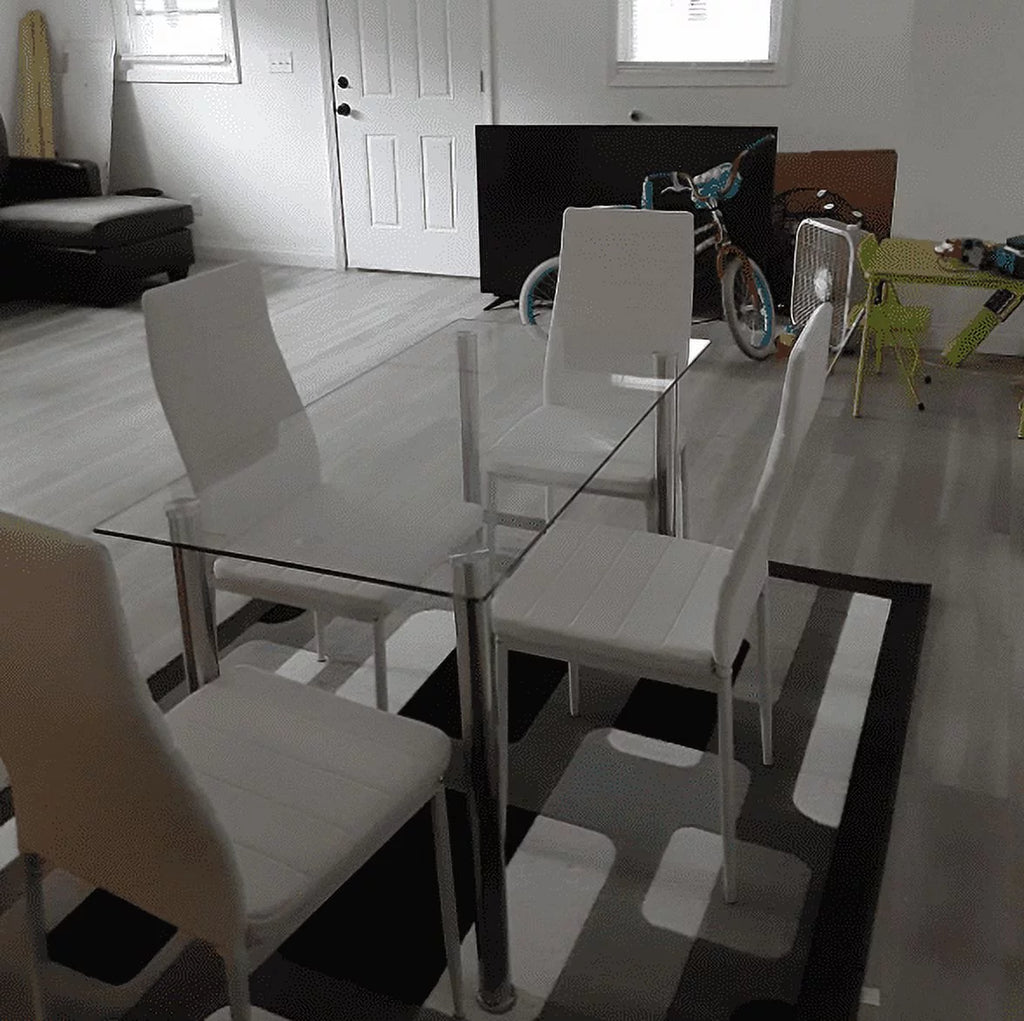 5 Piece Glass Top Dining Table Set with 4 White PU Leather Chairs Q1045