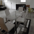 5 Piece Glass Top Dining Table Set with 4 White PU Leather Chairs Q1045