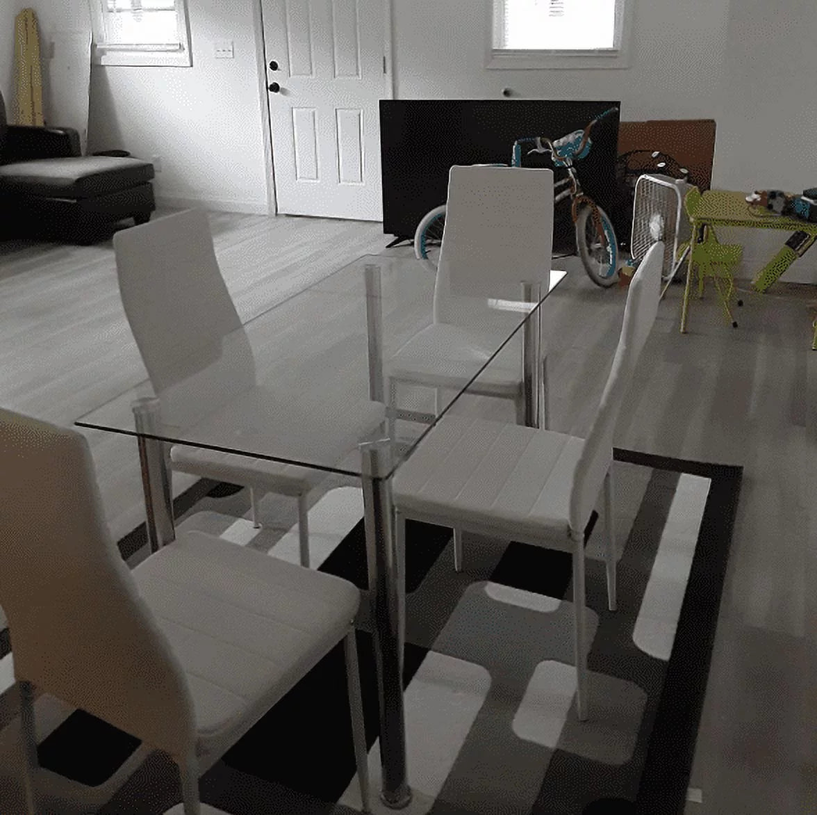 5 Piece Glass Top Dining Table Set with 4 White PU Leather Chairs Q1045