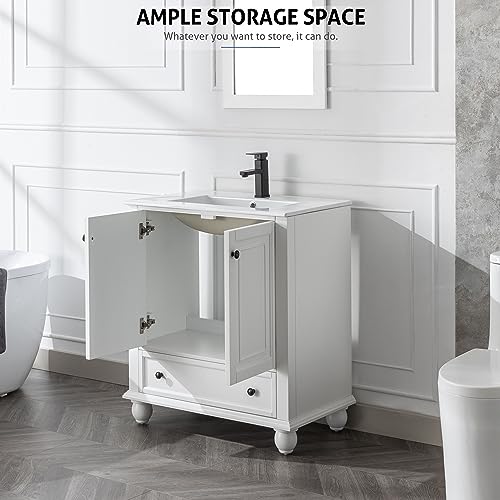 30" Bathroom Vanity Sink Combo with Painted Solid Wood Construction, Undermount Ceramic Sink with Matte Black Faucet & Drain, Pure White F45485