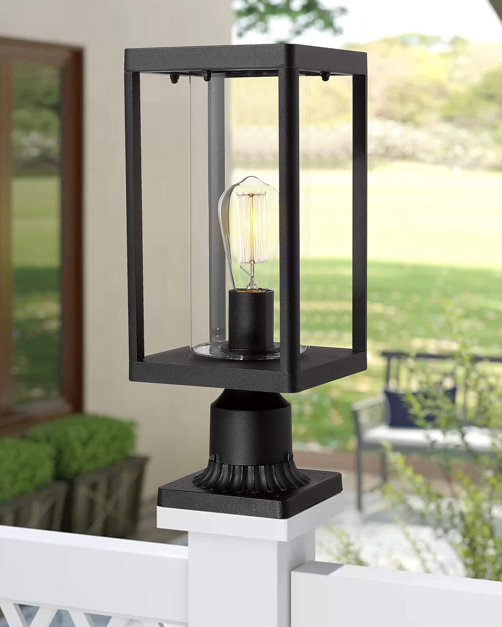 Set of 2 Black Cast Aluminum Outdoor Post Lantern with Clear Glass M4285