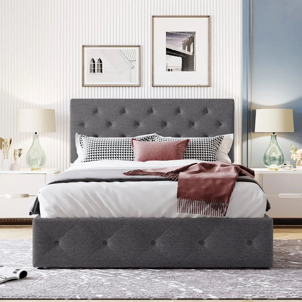 Grey Full Size Upholstered Platform Bed With Storage L342