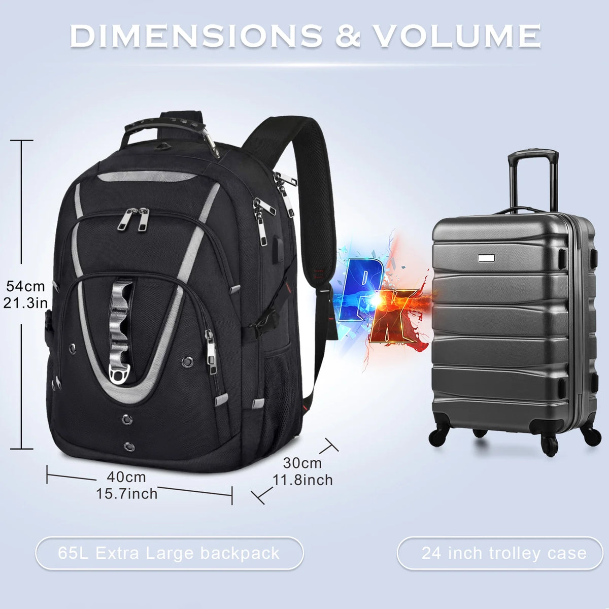 Extra Large 65L Water Resistant Anti-theft Travel Backpack with USB Charging Port T178202
