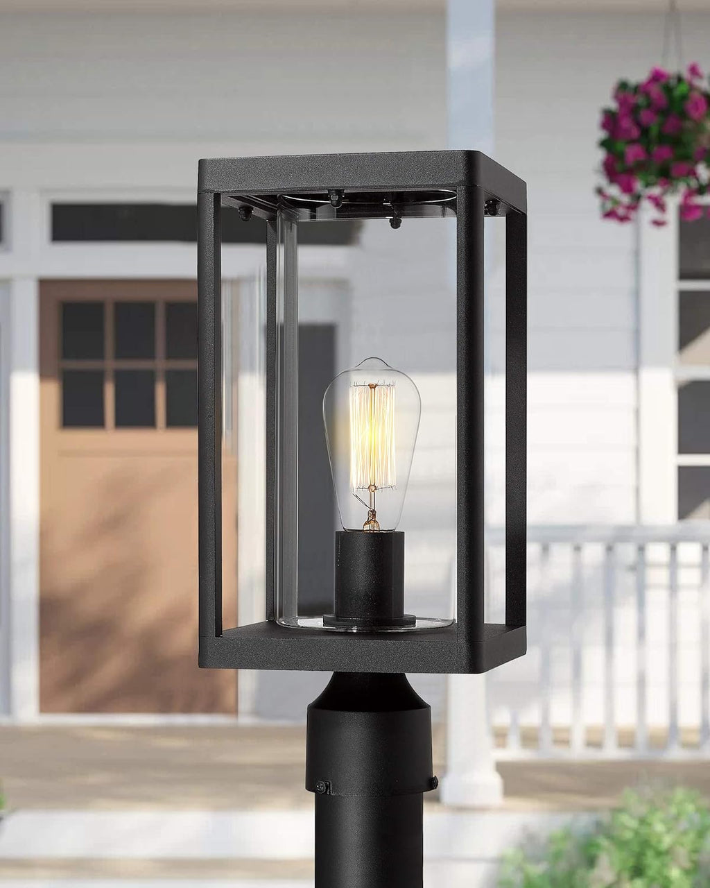 Set of 2 Black Cast Aluminum Outdoor Post Lantern with Clear Glass M4285