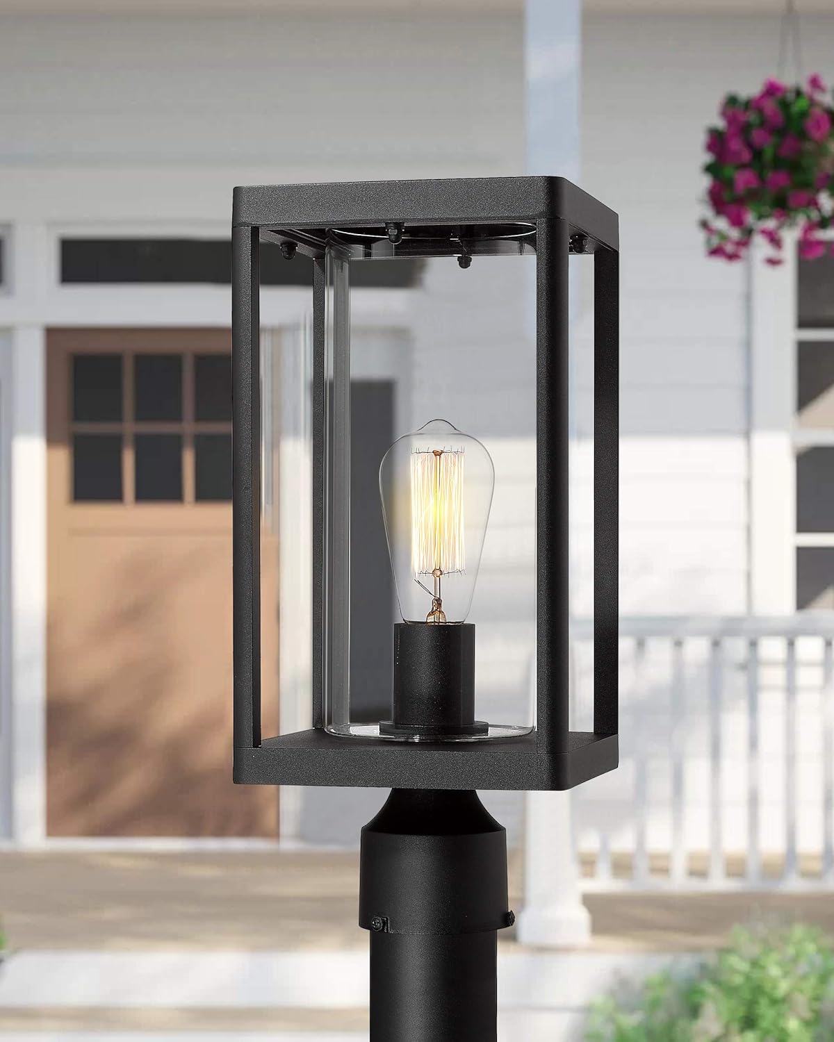 Set of 2 Black Cast Aluminum Outdoor Post Lantern with Clear Glass M4285