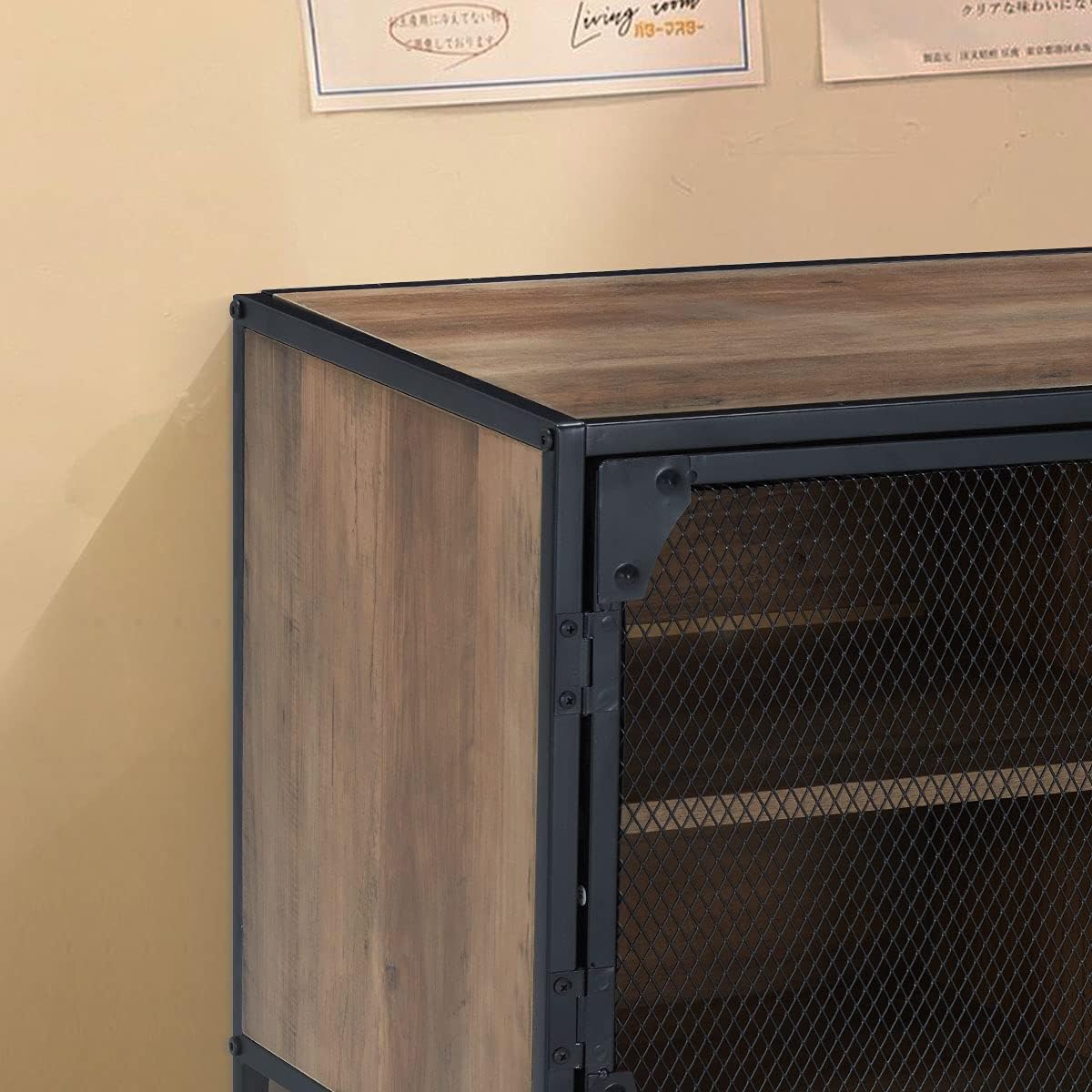 Rustic Brown Kitchen Storage Cabinet with Metal Mesh Doors and Adjustable Shelves Q496