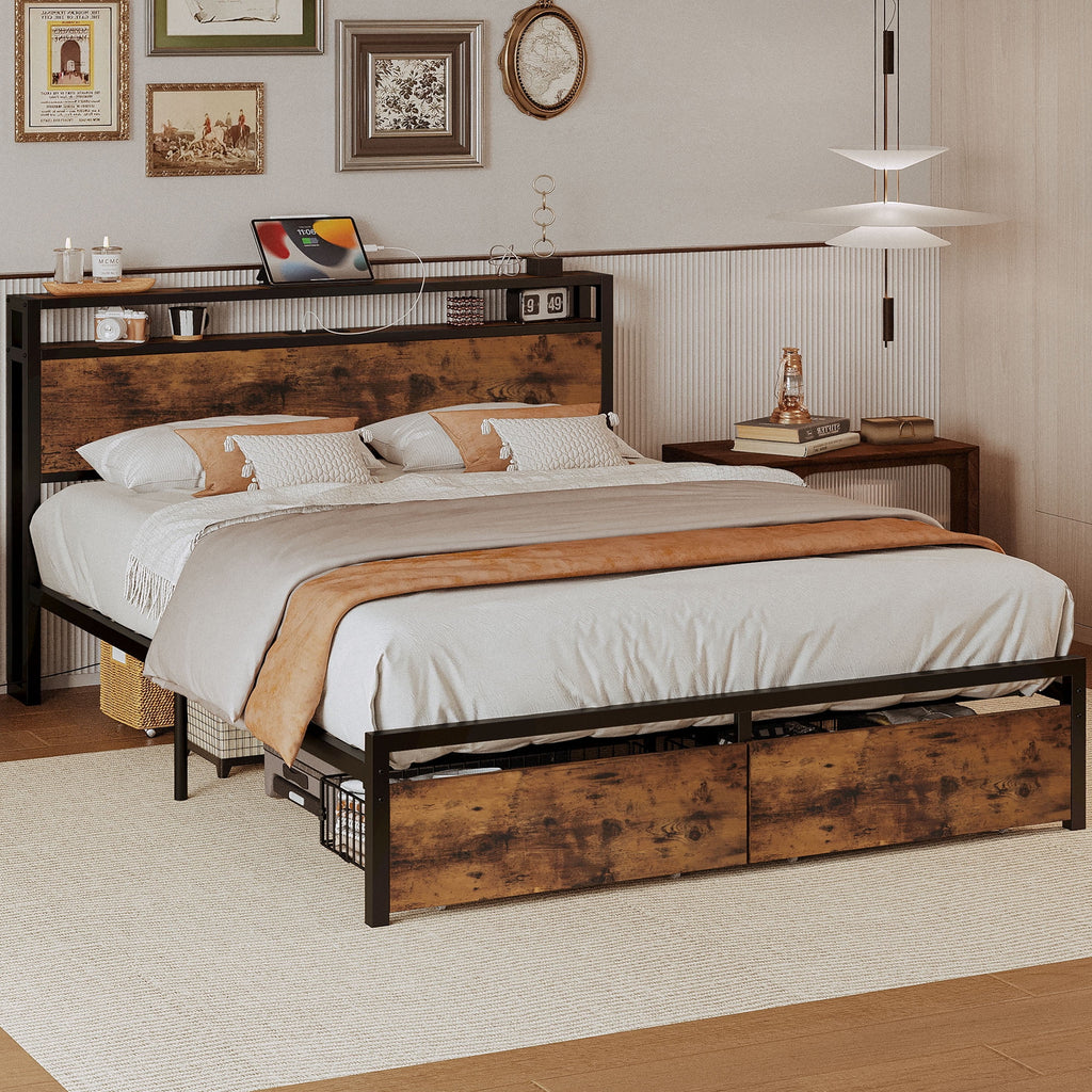 Queen Bed Frame with 2 Tier Storage Headboard and 2 Drawers R2164