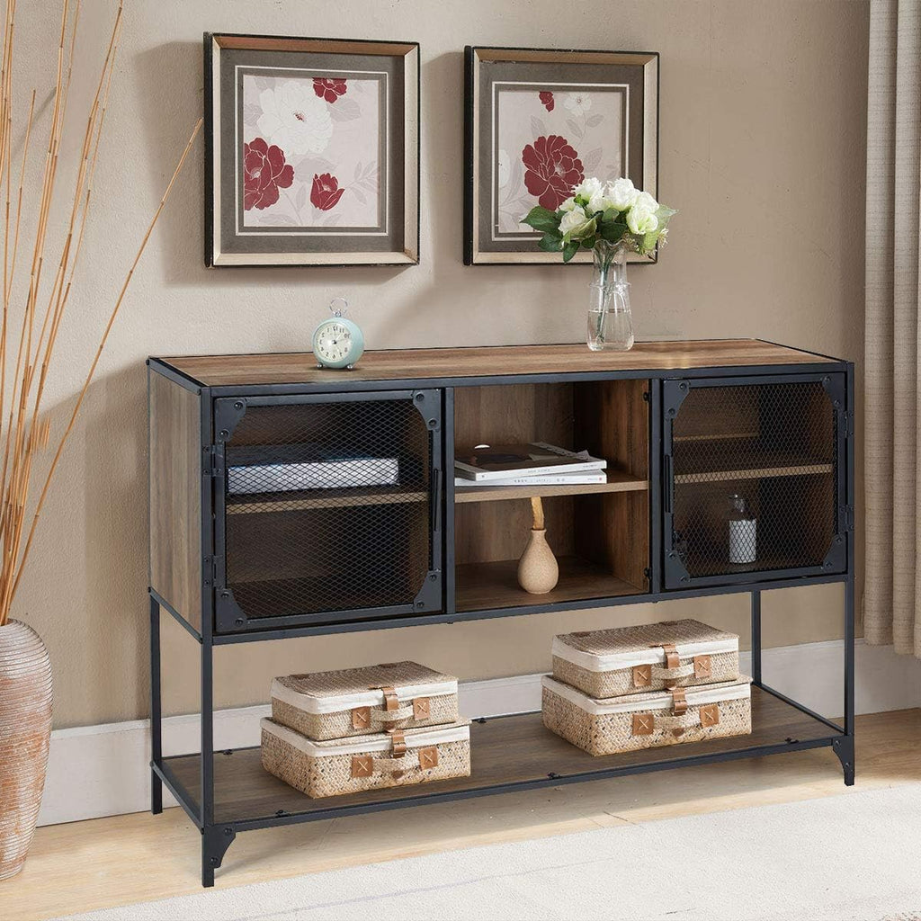 Rustic Brown Kitchen Storage Cabinet with Metal Mesh Doors and Adjustable Shelves Q496
