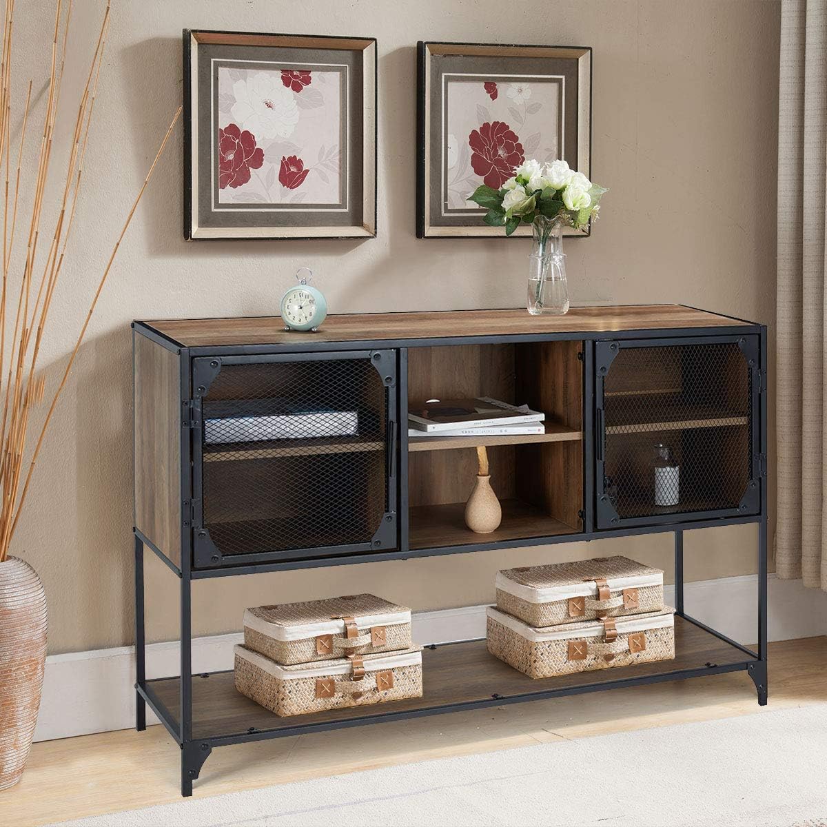 Rustic Brown Kitchen Storage Cabinet with Metal Mesh Doors and Adjustable Shelves Q496