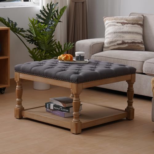 33-inch Large Square Ottoman Coffee Table with Storage Shelf and Solid Wood Legs Button Tufted Upholstered Linen Ottoman Stool (Beige) A88418