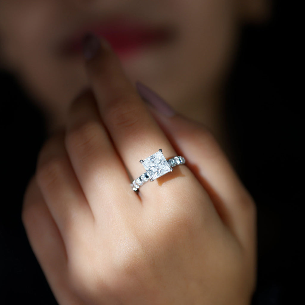 Princess Cut Moissanite Solitaire Engagement Ring with Side Stones, 925 Sterling Silver E332