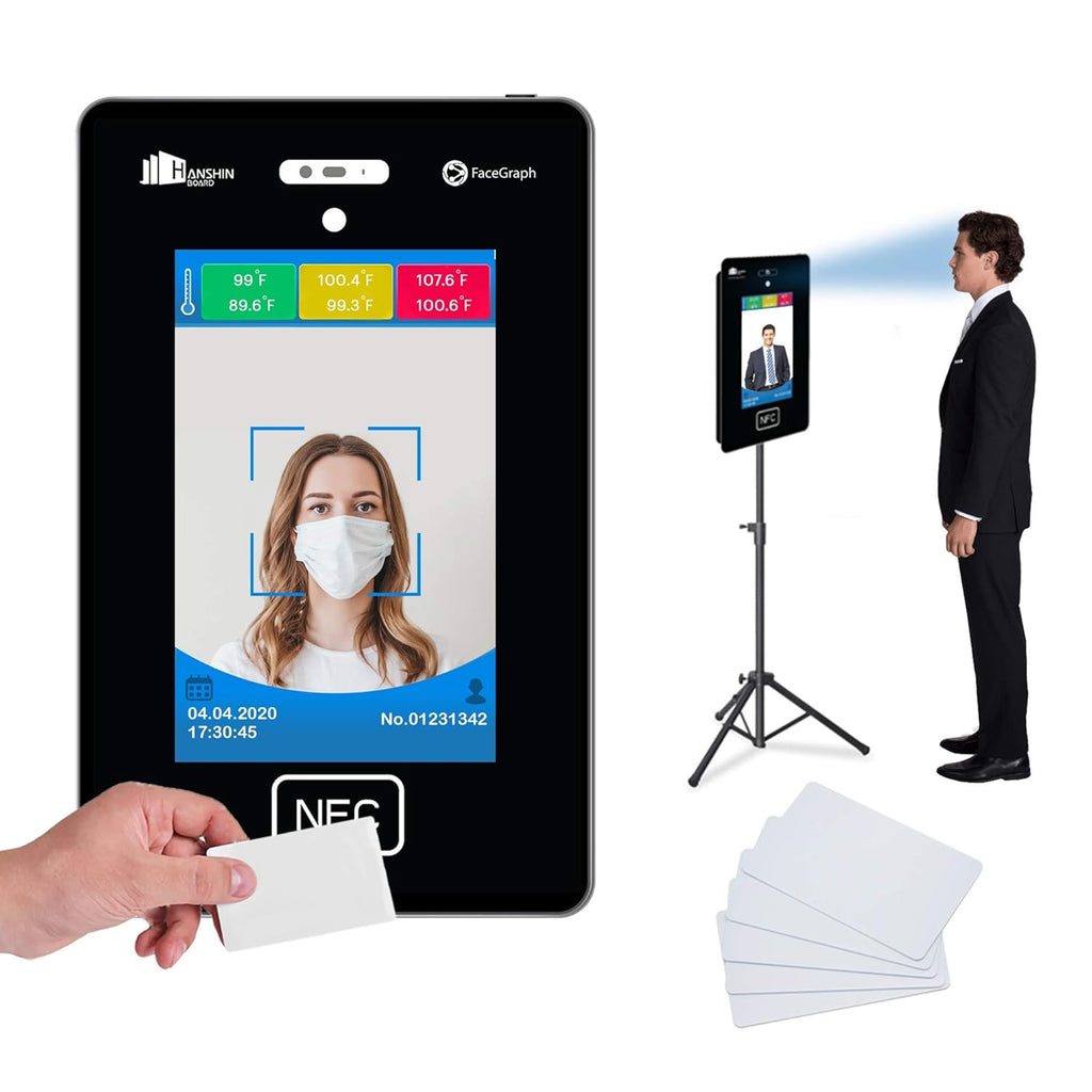 No Contact Temperature & Attendance Tracking Scanner Kiosk with Steel Floor Stand and 50 RFID Cards Bundle O37372