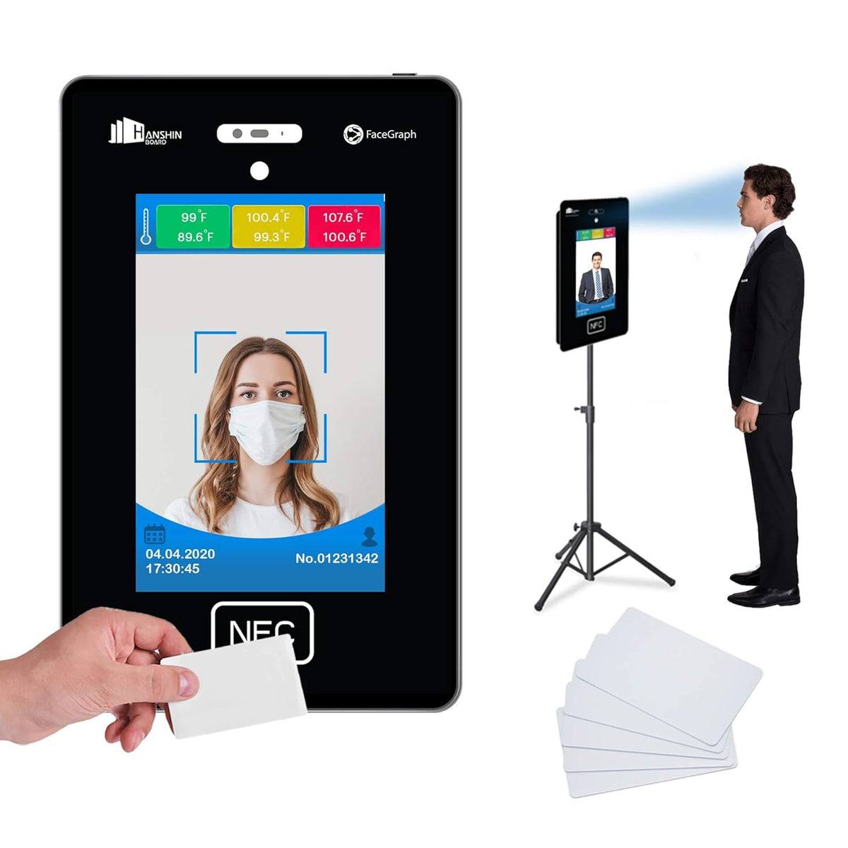 No Contact Temperature & Attendance Tracking Scanner Kiosk with Steel Floor Stand and 50 RFID Cards Bundle O37372