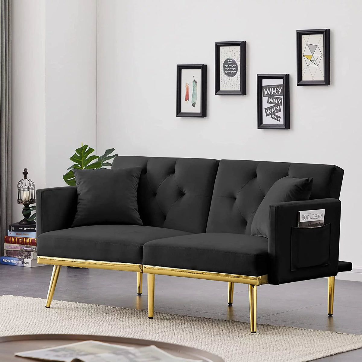 Black Convertible Futon Sofa Bed with Side Pocket O469