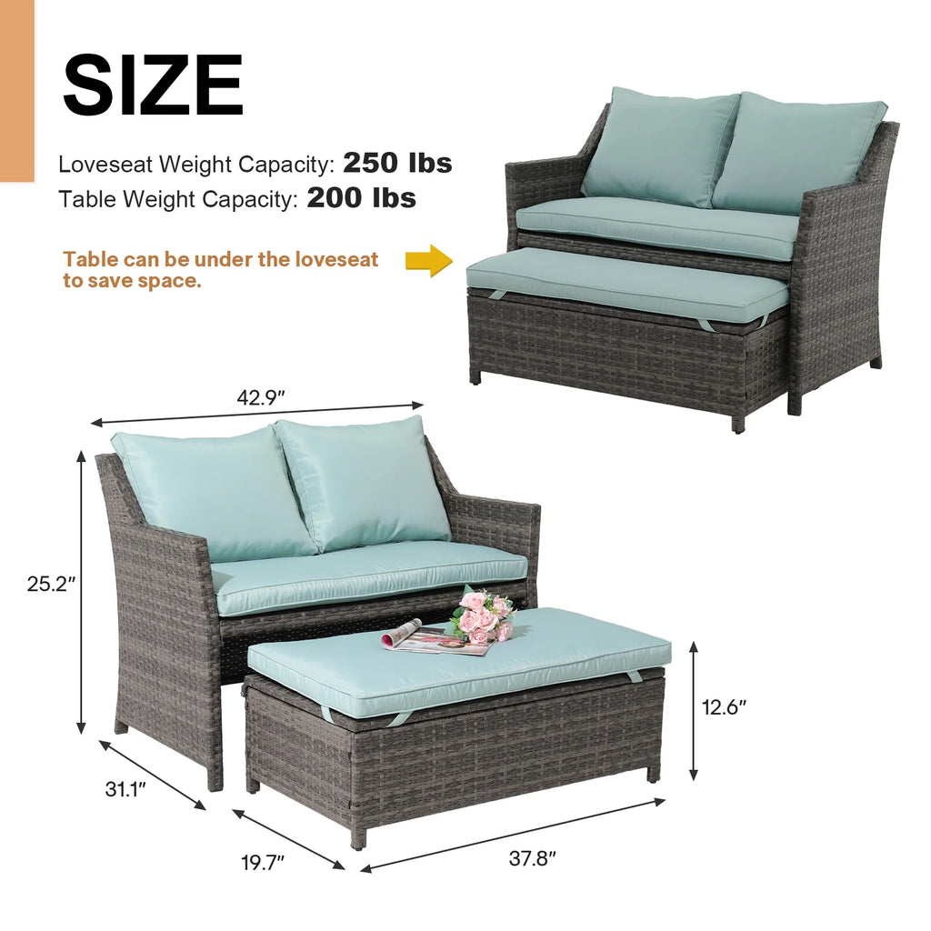 Grey Rattan 2-Piece Outdoor Patio Furniture Set with Green Cushions Q1166