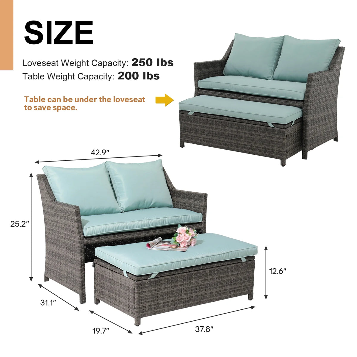 Grey Rattan 2-Piece Outdoor Patio Furniture Set with Green Cushions Q1166