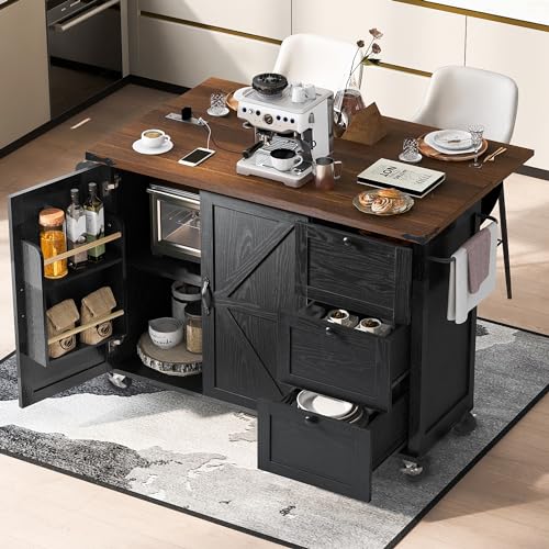 54.5" Farmhouse Mobile Kitchen Island with Power Outlet, Drop Leaf, Spice Rack and Drawer M55652