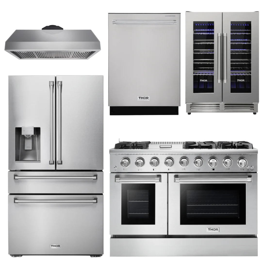 48 Propane Gas Range, Range Hood, Refrigerator with Water and Ice Dispenser, Dishwasher, Wine Cooler B715543