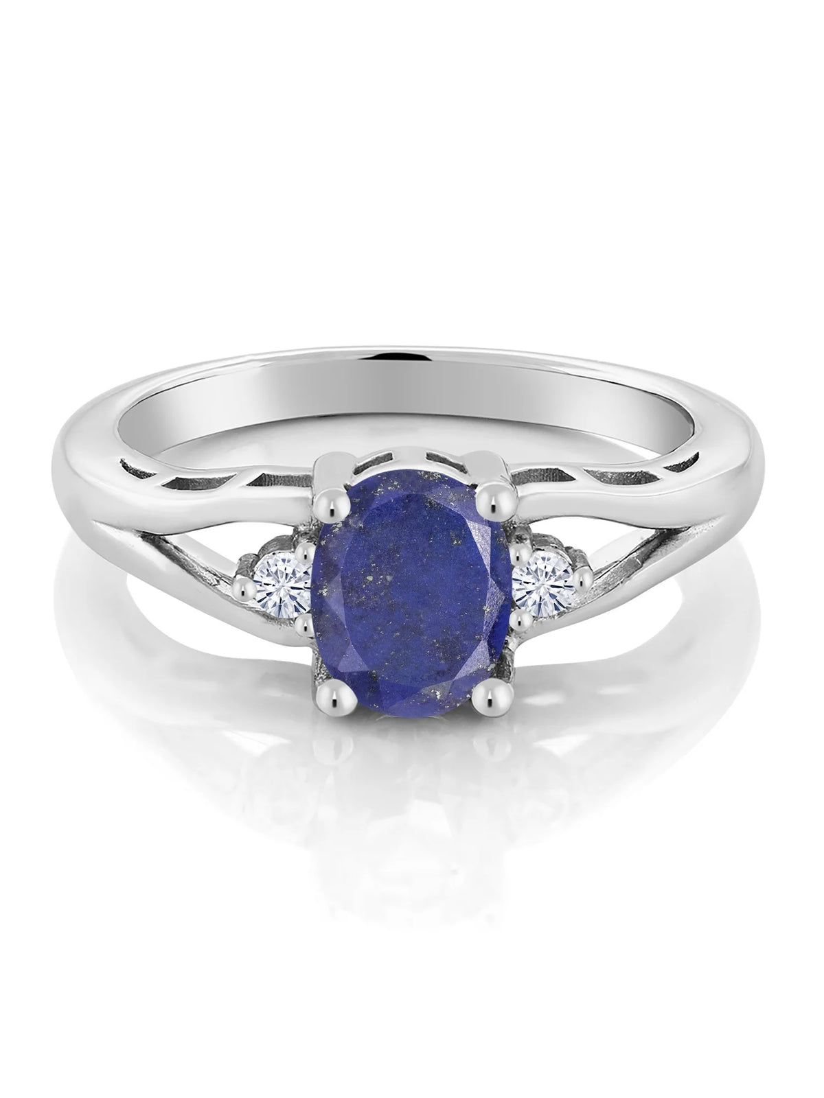 925 Sterling Silver Blue Lapis and White Moissanite 3 Stone Engagement Ring B491380
