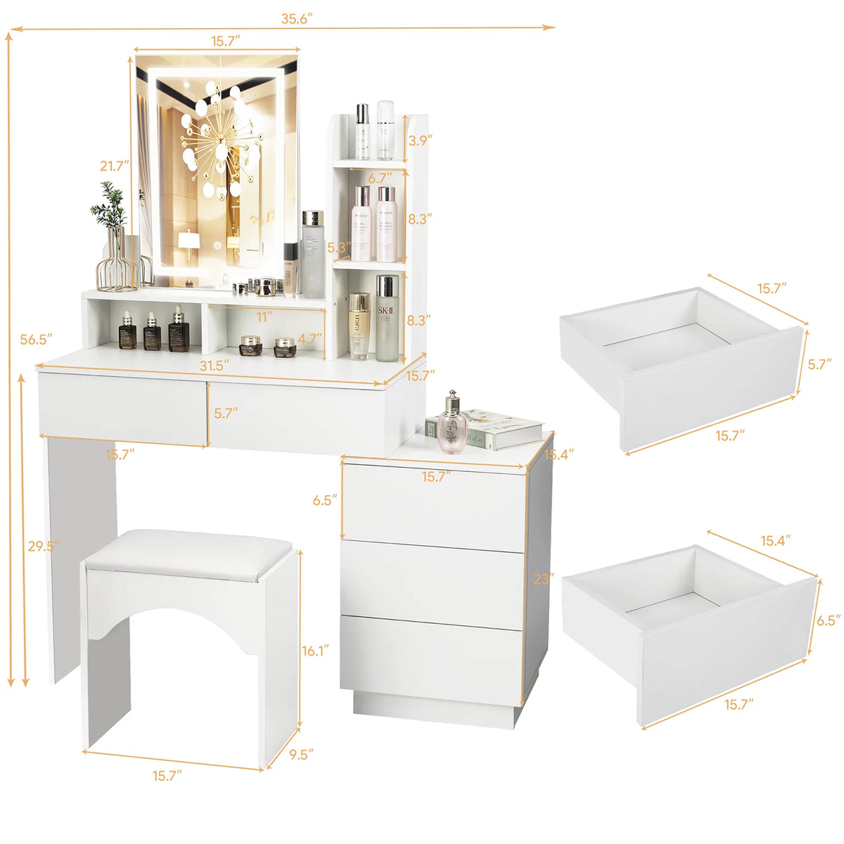 Vanity Table Set with Lighted Mirror and 5 Drawers H45191