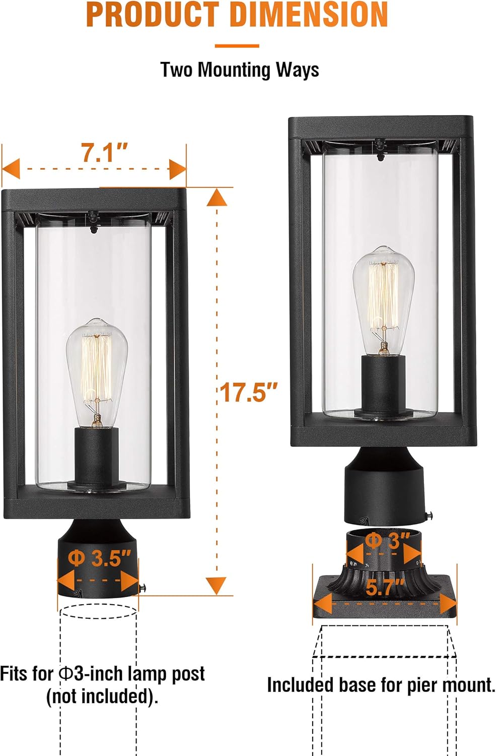 Set of 2 Black Cast Aluminum Outdoor Post Lantern with Clear Glass M4285