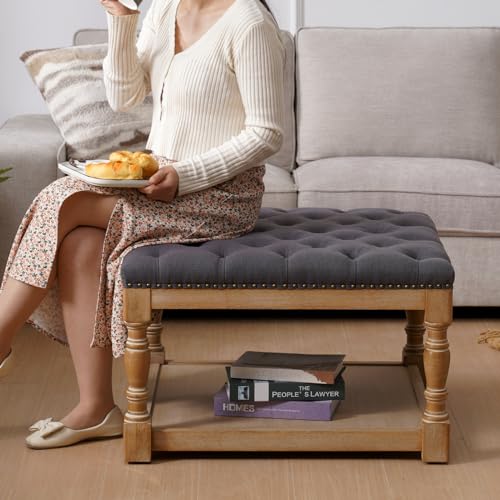 33-inch Large Square Ottoman Coffee Table with Storage Shelf and Solid Wood Legs Button Tufted Upholstered Linen Ottoman Stool (Beige) A88418