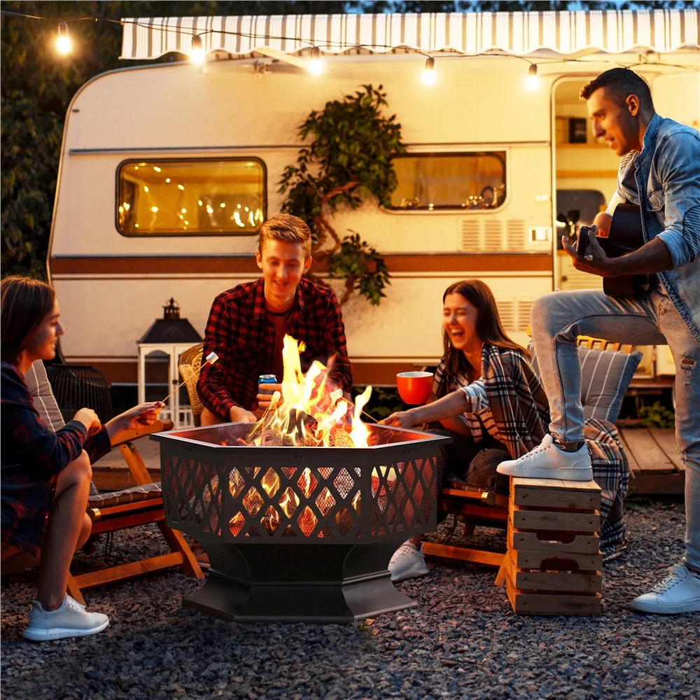 Black Hex-Shaped Steel Wood Burning Fire Pit with Spark Screen & Fire Poker B205734
