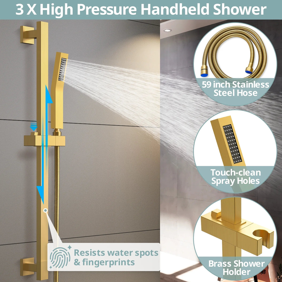 Brushed Gold Shower Faucet Set with Handheld Slide Bar W66751