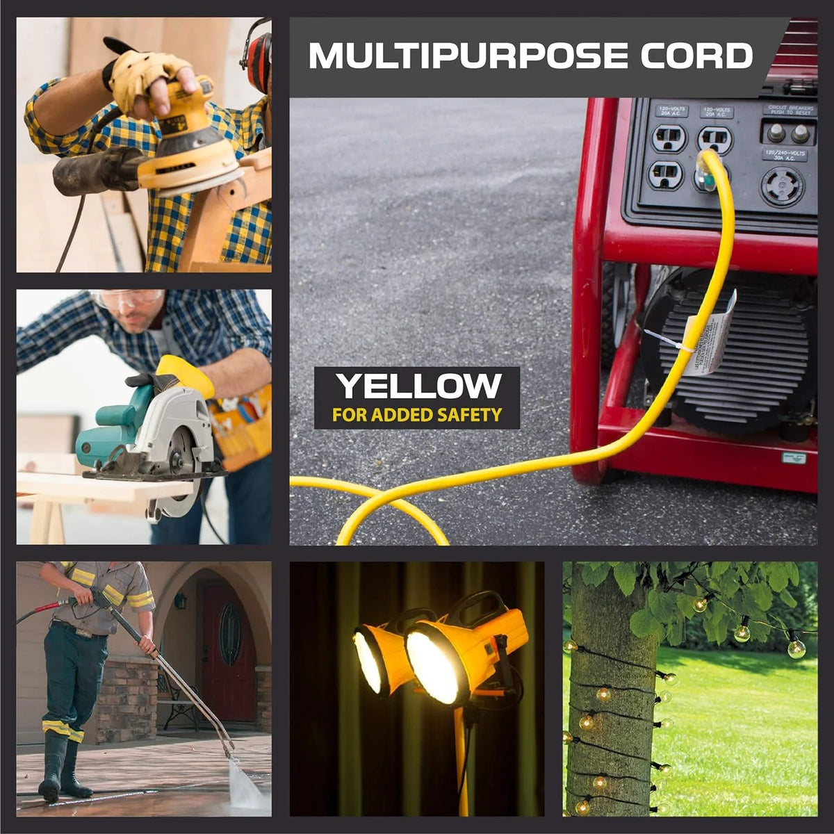 6 Foot Lighted Outdoor Extension Cord, 12/3 SJTW Heavy Duty Yellow Extension Cable with 3 Prong Grounded Plug W968726