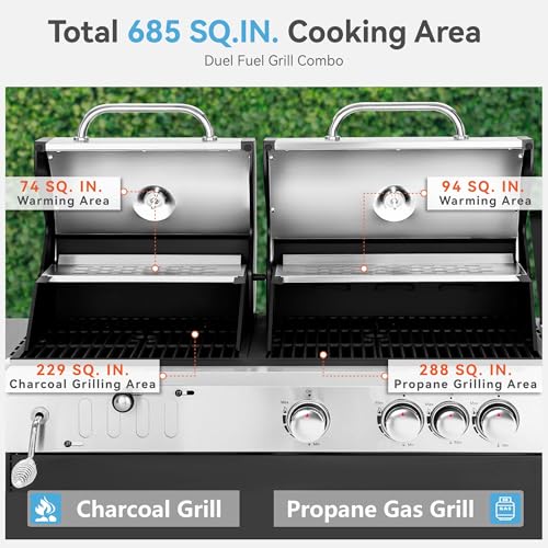 3 Burner Propane Gas and Charcoal Grill Combo with Side Burner, 37,000 BTUs 685 SQIN Dual Fuel Outdoor BBQ Grill Y24814