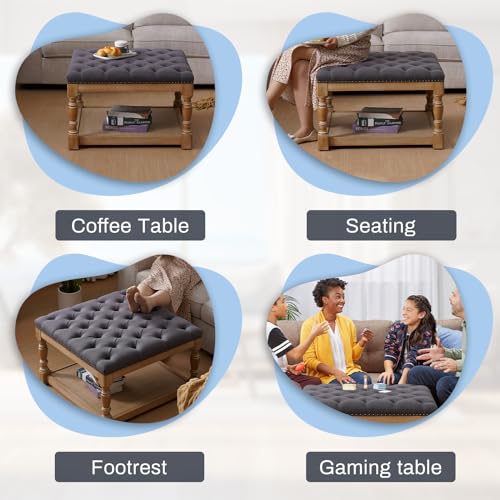 33-inch Large Square Ottoman Coffee Table with Storage Shelf and Solid Wood Legs Button Tufted Upholstered Linen Ottoman Stool (Beige) A88418