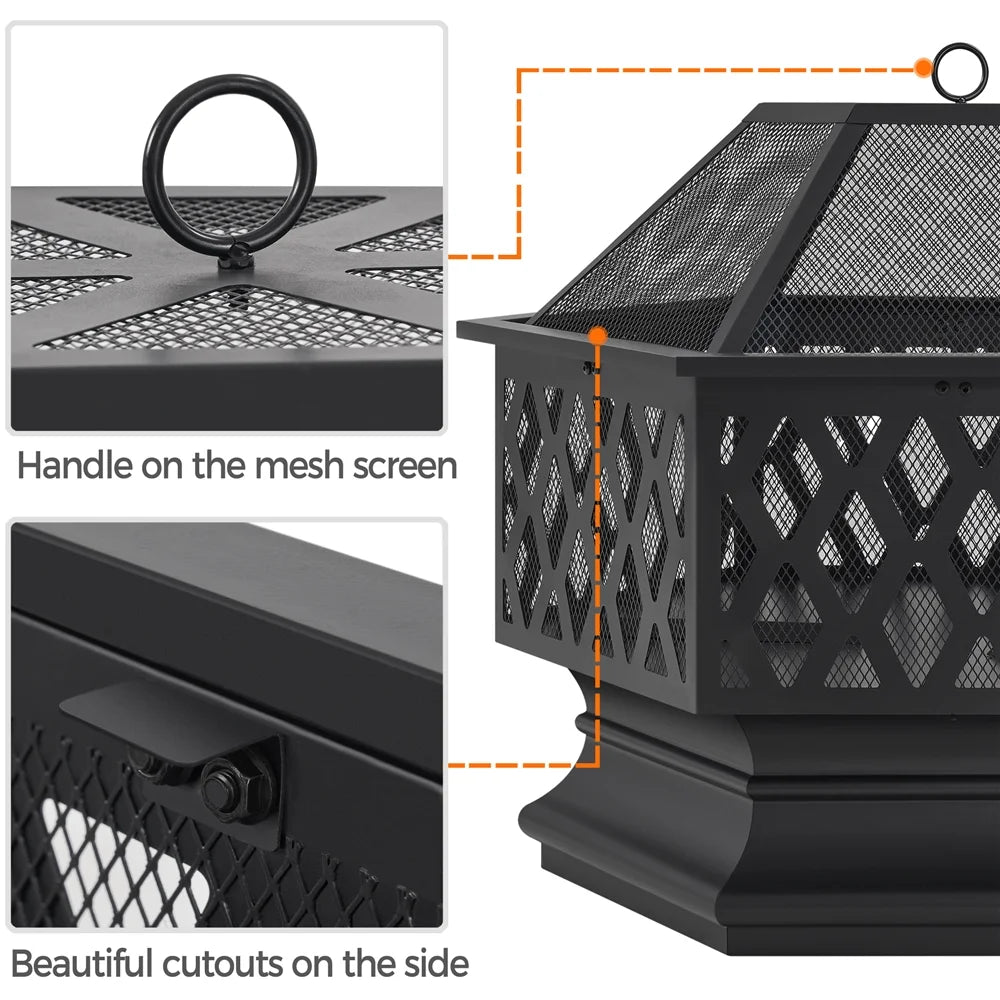 Black Hex-Shaped Steel Wood Burning Fire Pit with Spark Screen & Fire Poker B205734