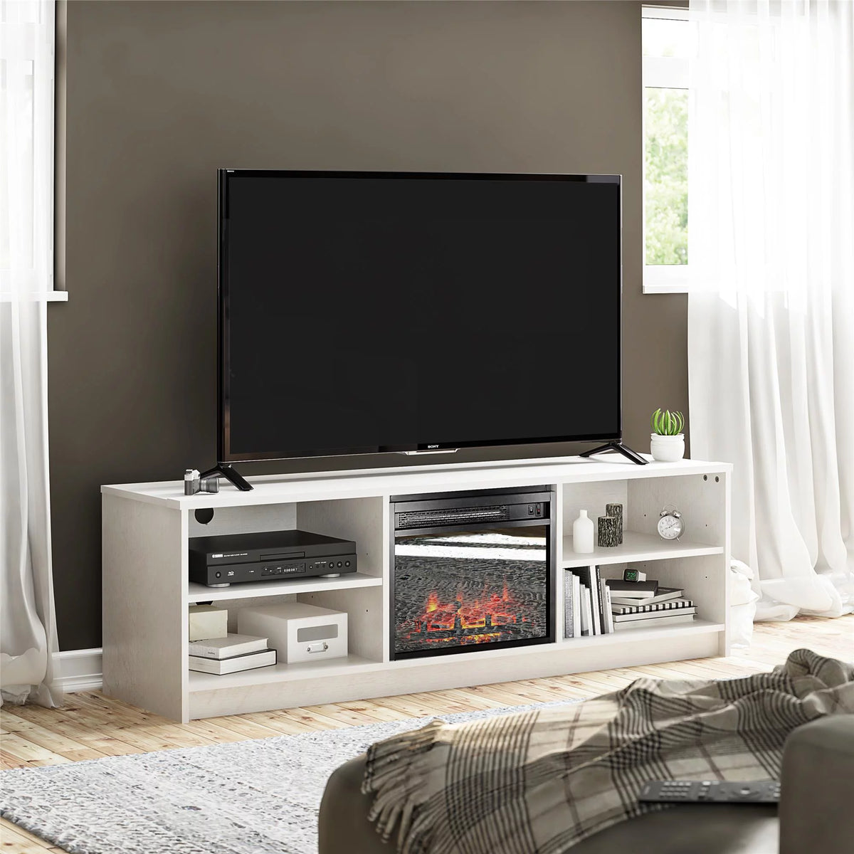 65 TV Stand with Electric Fireplace Insert and 4 Shelves Ivory Oak B4004