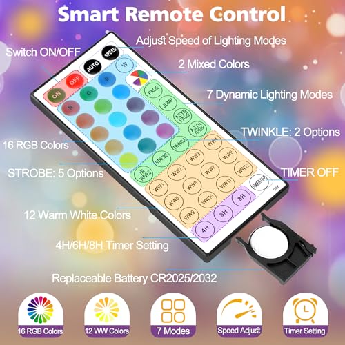 33ft Warm White 100 LED Rope Lights with Remote C664