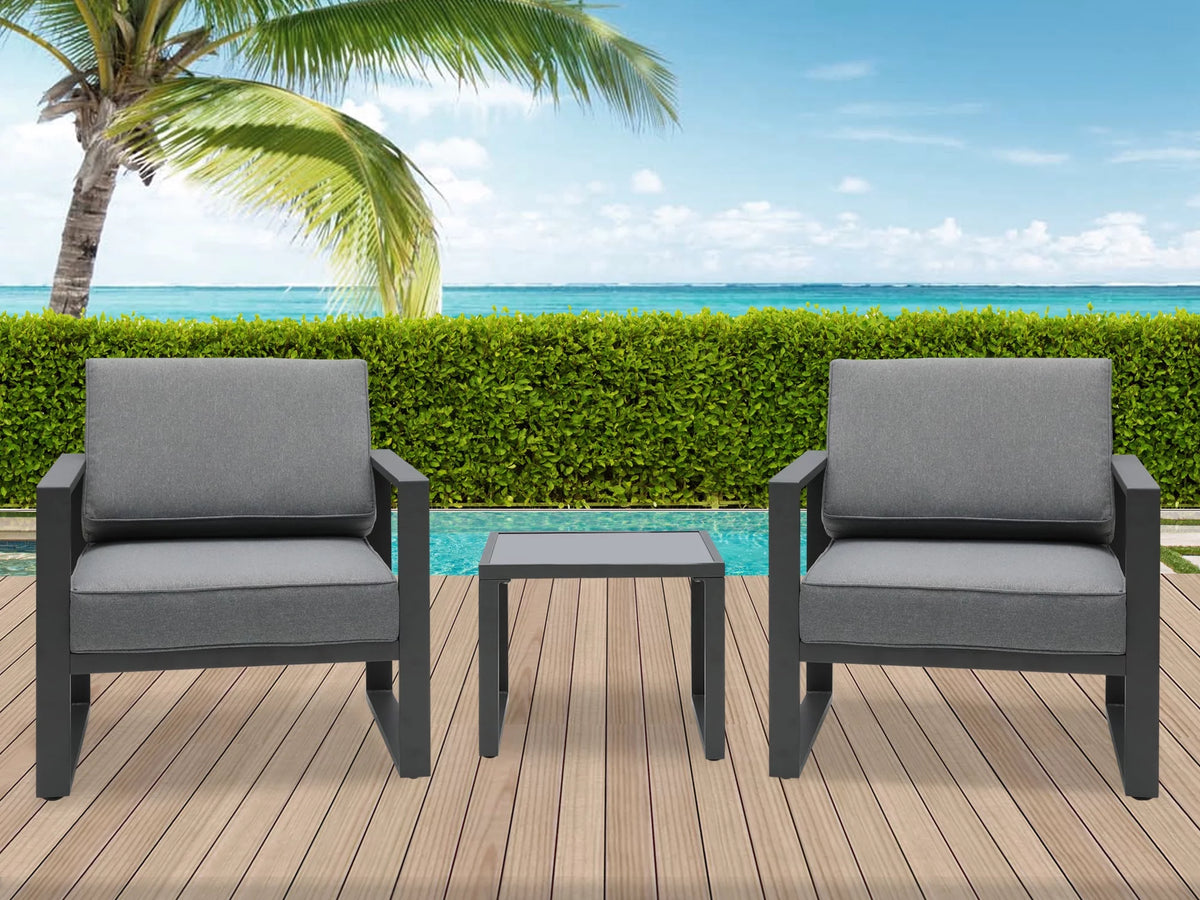 3 Pcs Aluminum Frame Patio Chairs Conversation Set with Coffee Table, Gray J175