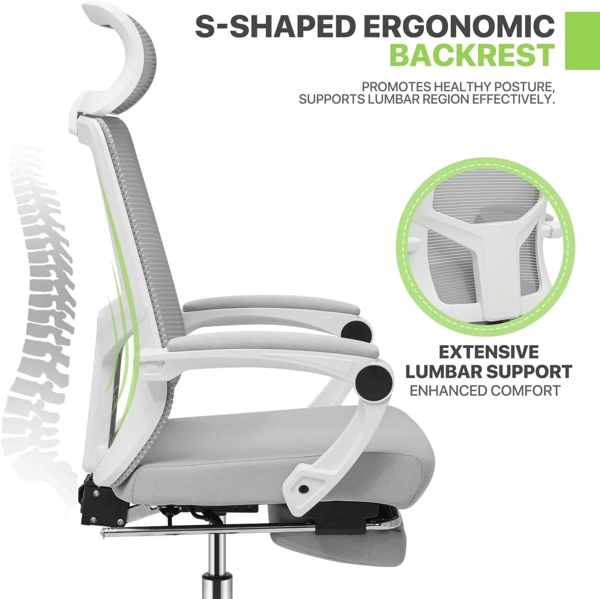 Grey Ergonomic High Back Mesh Office Chair with Footrest Y715606
