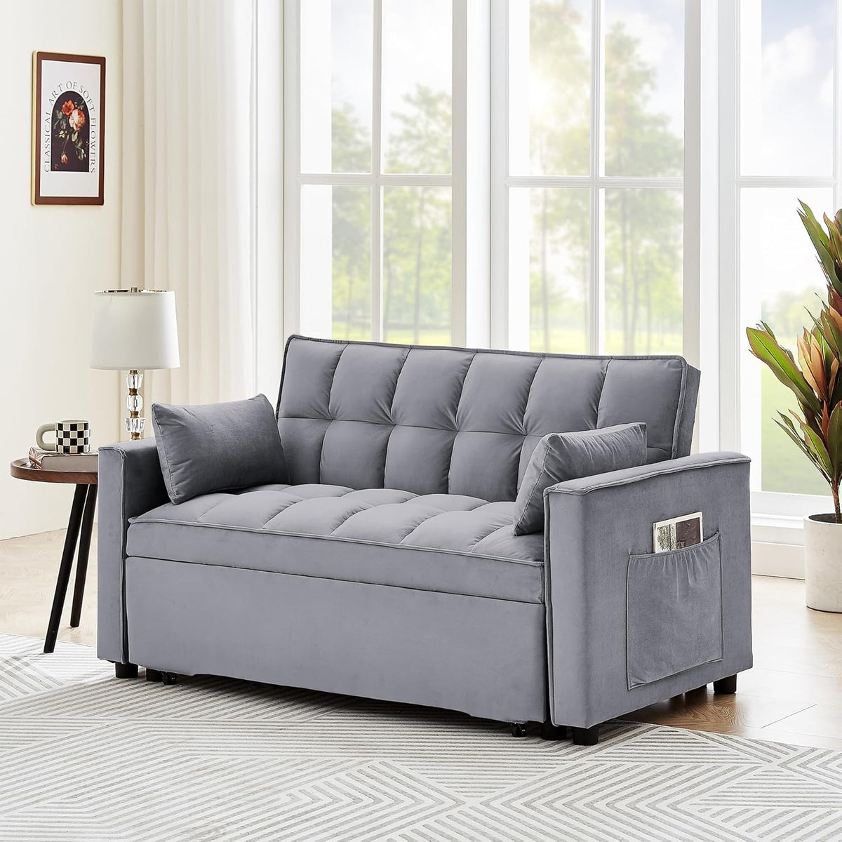 Tufted Velvet Convertible Sleeper Sofa Bed with Pullout Bed V344112