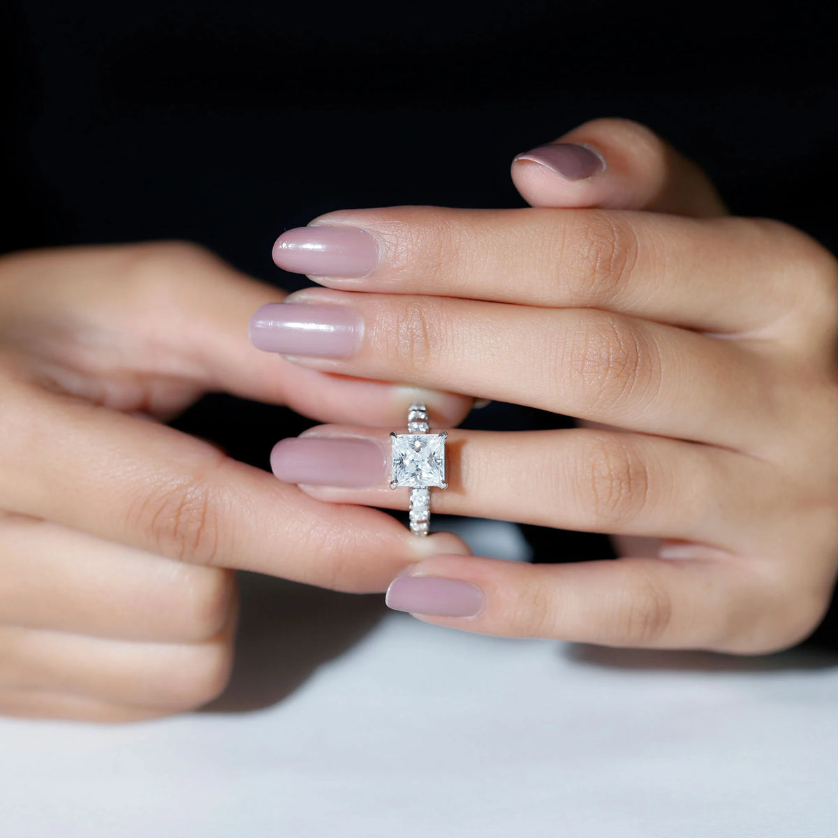 Princess Cut Moissanite Solitaire Engagement Ring with Side Stones, 925 Sterling Silver E332