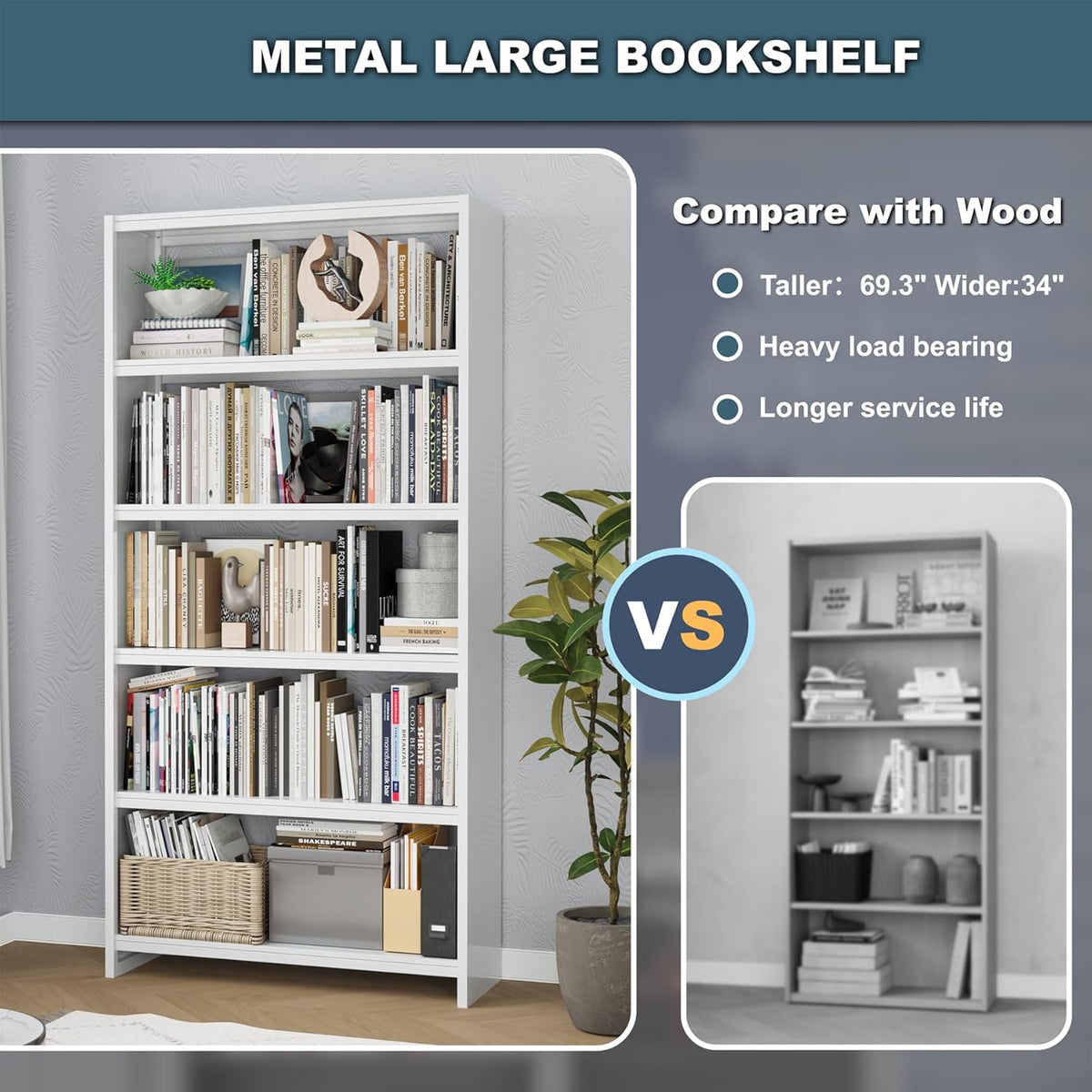 White 5 Tier Metal Bookcase F154