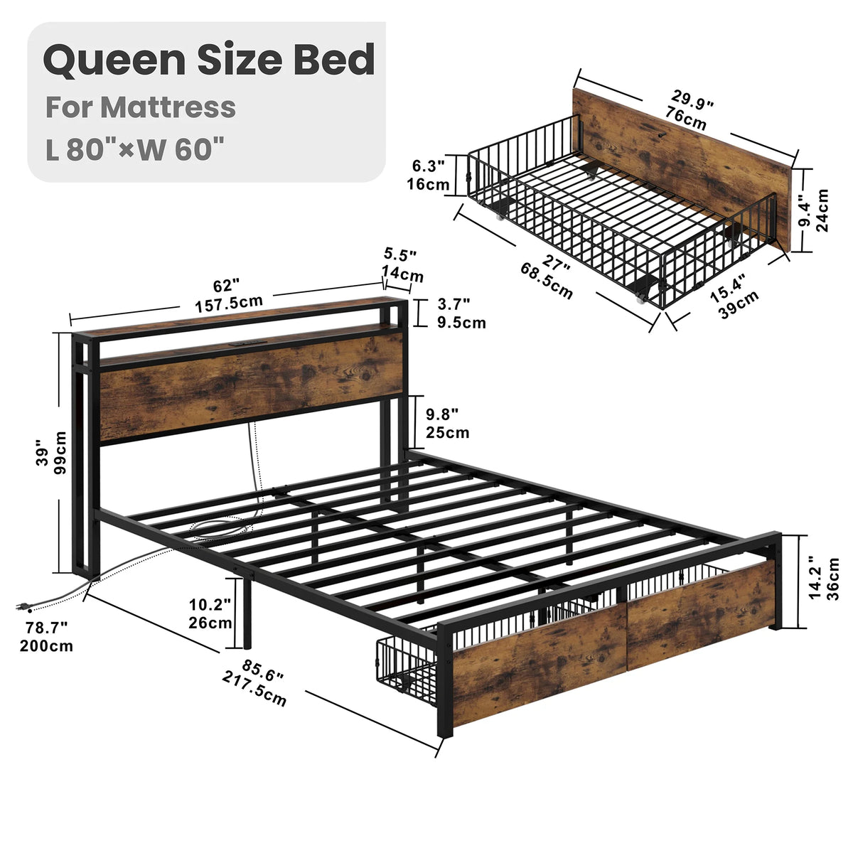 Queen Bed Frame with 2 Tier Storage Headboard and 2 Drawers R2164