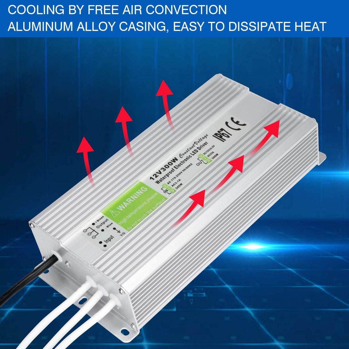 5 Pack Waterproof IP67 LED Power Supply Driver Transformer 300W 110V AC to 12V DC Low Voltage Output with 3-Prong Plug 3.3 Feet Cable U5354