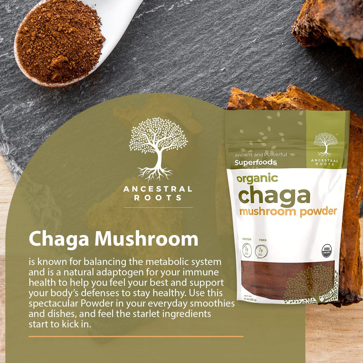 Organic Chaga Mushroom Powder, 4 oz, USDA Organic B894