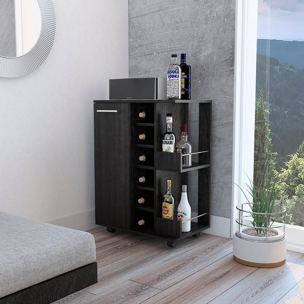 Weathered Oak Bar Cart Cabinet Q938
