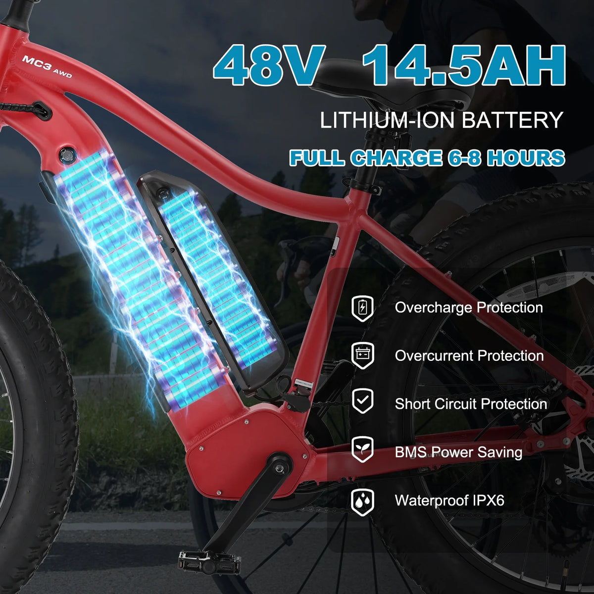 26" x 4" Fat Tire Electric Bike, 500W Dual Motor AWD Mountain Ebike, 48V 15AH Removable Battery, 7-Speed Electric Bicycle T6018