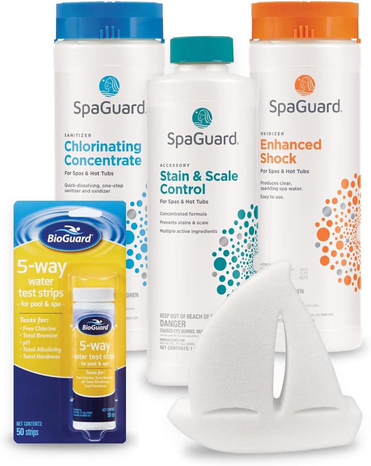 Hot Tub Chemical Bundle with Chlorine, Shock, Stain and Scale Control, Test Strips, Scum Absorber S45354