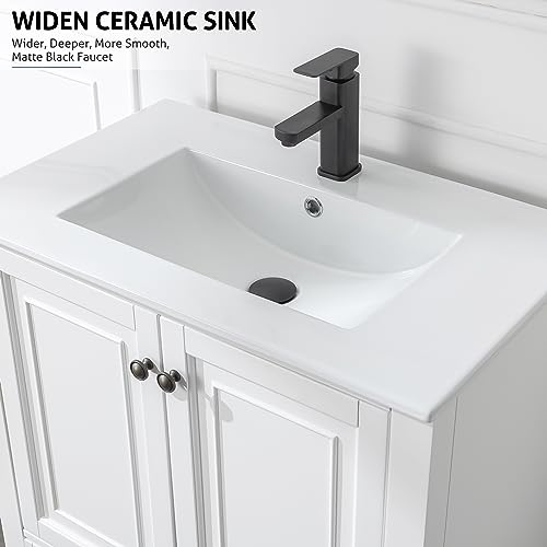 30" Bathroom Vanity Sink Combo with Painted Solid Wood Construction, Undermount Ceramic Sink with Matte Black Faucet & Drain, Pure White F45485