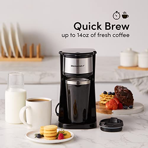 Black Compact Single-Serve Coffee Maker with 14Oz. Stainless Steel Travel Mug B7945