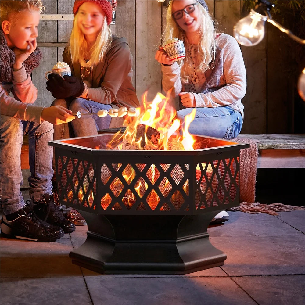 Black Hex-Shaped Steel Wood Burning Fire Pit with Spark Screen & Fire Poker B205734