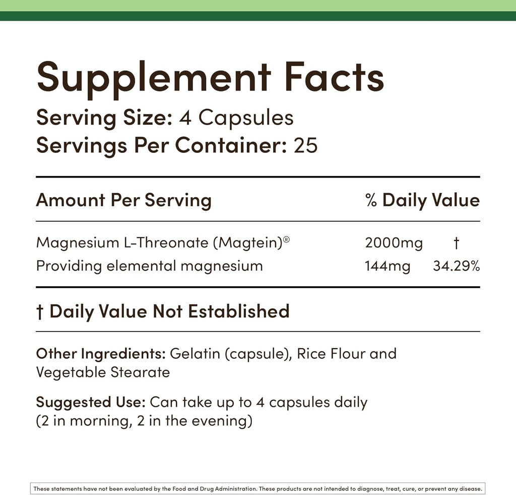 Magnesium L Threonate Capsules 2,000 mg 100 Capsules X2403