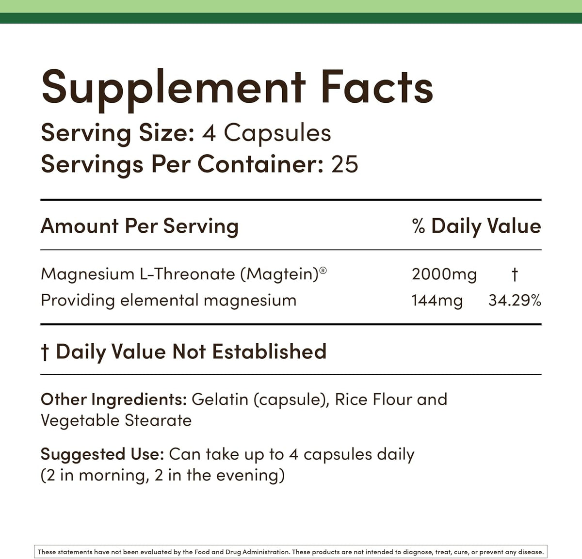Magnesium L Threonate Capsules 2,000 mg 100 Capsules X2403